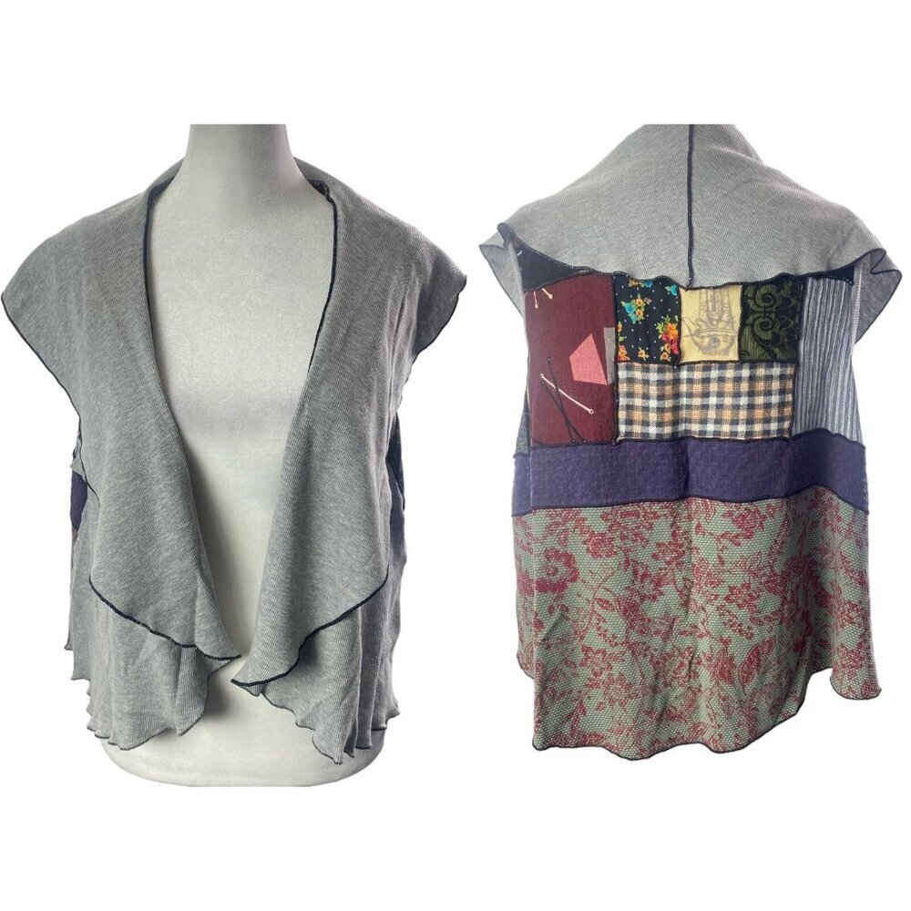 CHRISTY FISHER Women Patchwork Openโ Front Sweater Sz S Art to Wear Sleeveless